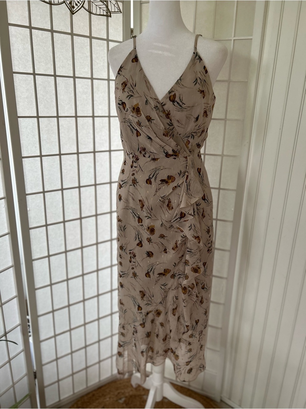 Lush Floral Wrap Midi Dress | Size Small | Romantic Sheer Overlay